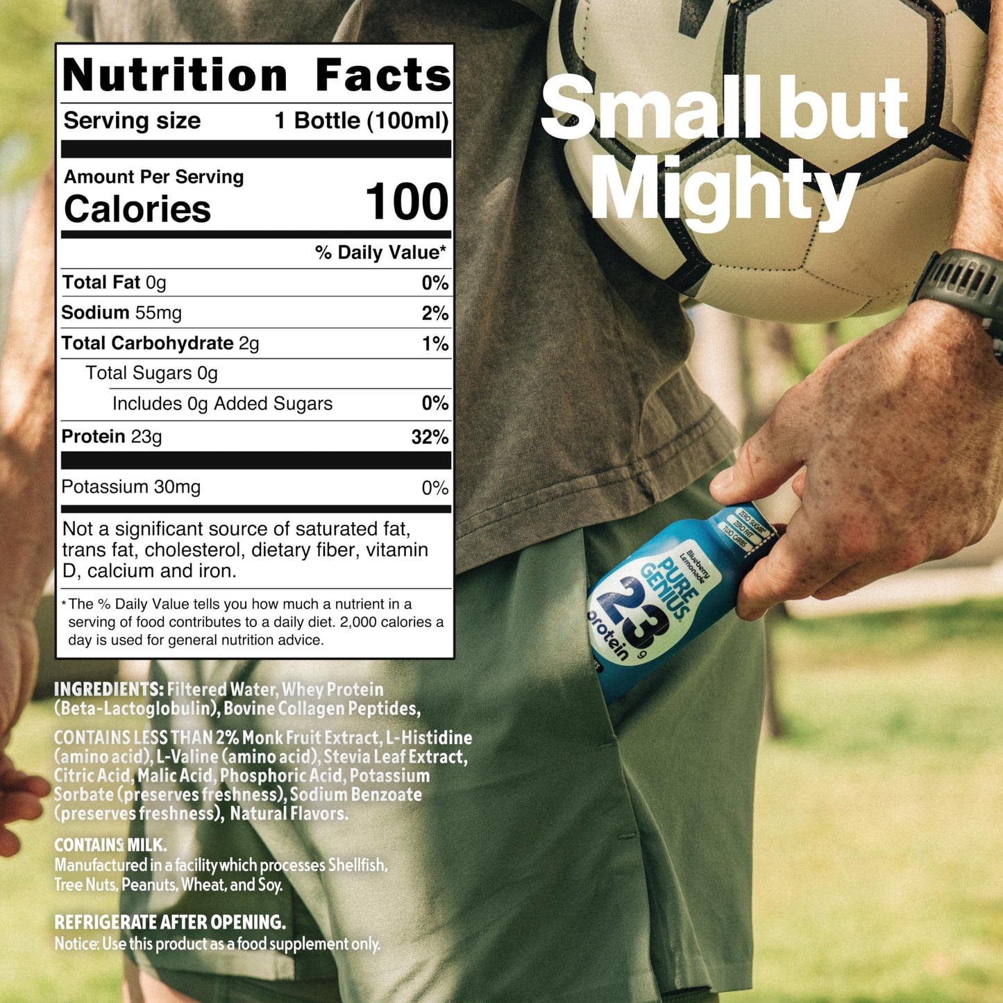 Pure Genius 23g Protein Shot Drink | 100 Calories, No Sugar, No Fat, Whey & Collagen, Gluten Free, Keto Friendly, No Artificial Flavors or Sweeteners, TSA Size 3.38 Fl Oz, Blueberry Lemonade (24 Pack)
