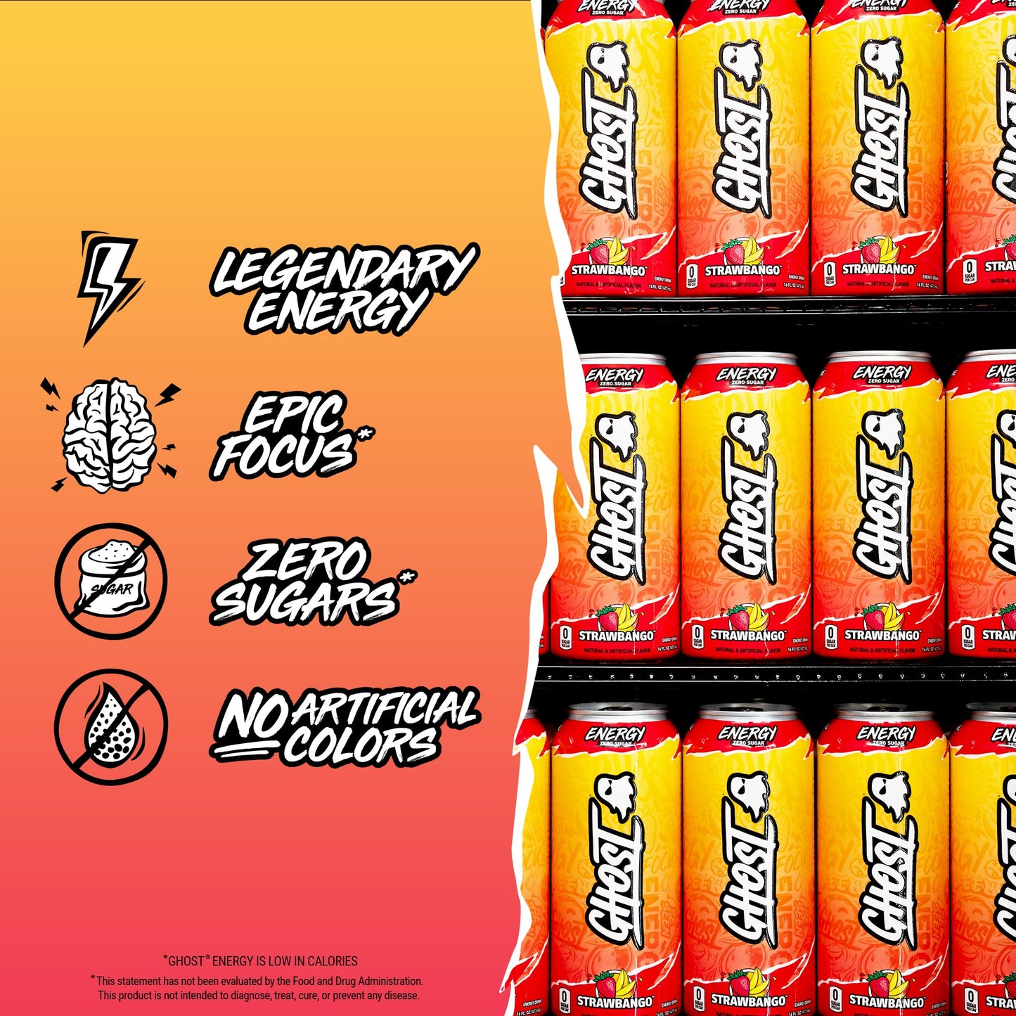 GHOST Energy Drink - 12-Pack, Strawbango, 16oz - Energy & Focus & No Artificial Colors - 200mg of Natural Caffeine, L-Carnitine & Taurine - Gluten-Free & Vegan